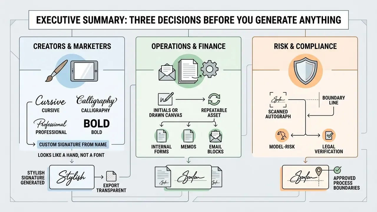 Infographic showing three distinct workflows for creators, operations teams, and risk compliance officers