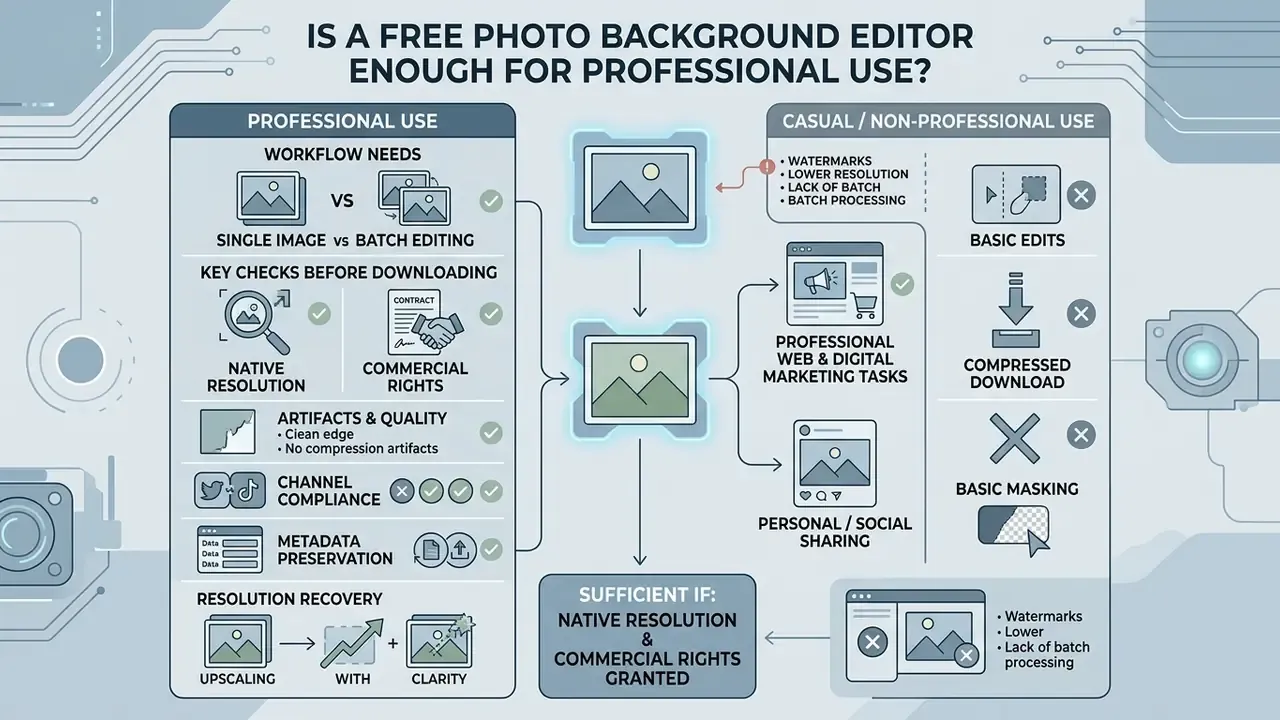 Comparison chart contrasting professional and casual image editing workflows and requirements