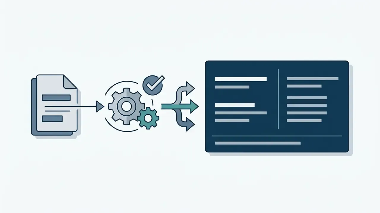 Document icon feeding into a gear mechanism that outputs to a two-column navy business card layout
