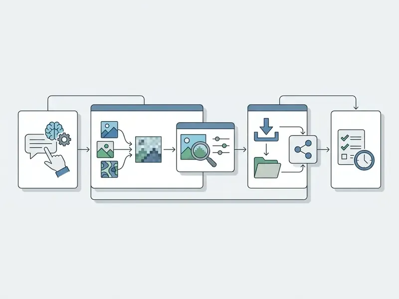 Linear workflow showing prompt entry, image generation, refinement, file saving, and audit logging
