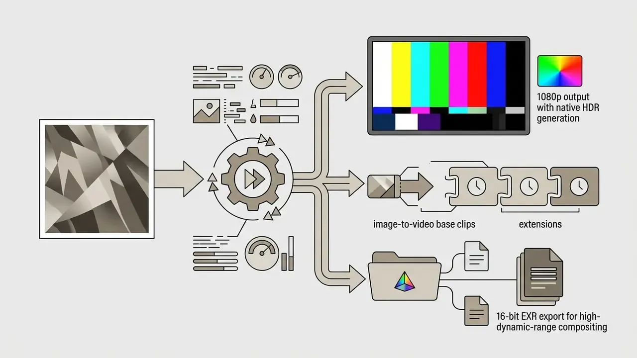 Image input processed through a central gear into HDR video, clip extensions, and EXR files