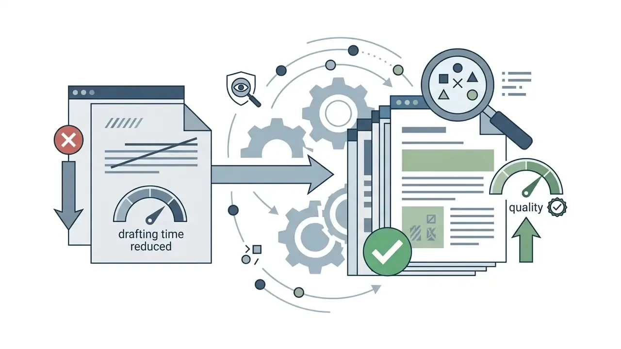 Drafting time gauge moving through gears to transform documents into high quality reports with checkmarks