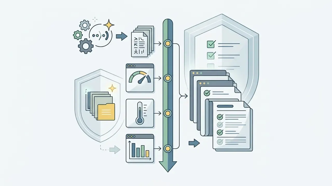 Settings icons for parameters and metrics flowing into a vertical timeline and verified documentation