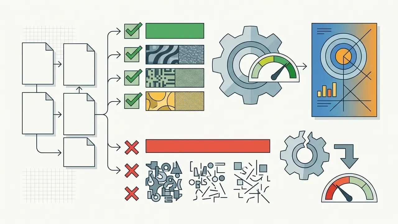 Process flow showing successful and failed model outputs with gear icons and performance gauges