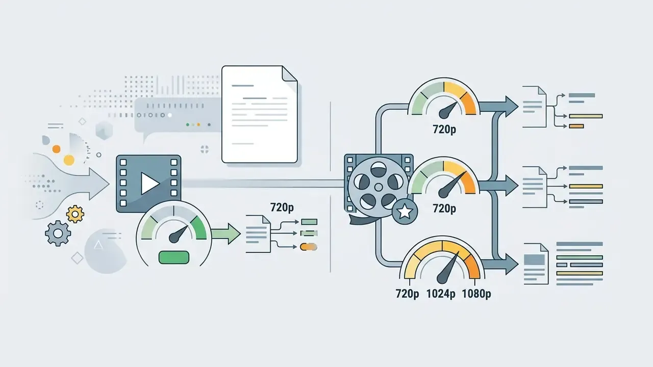 Diagram showing video processing workflows with gauges mapping different resolution outputs to costs