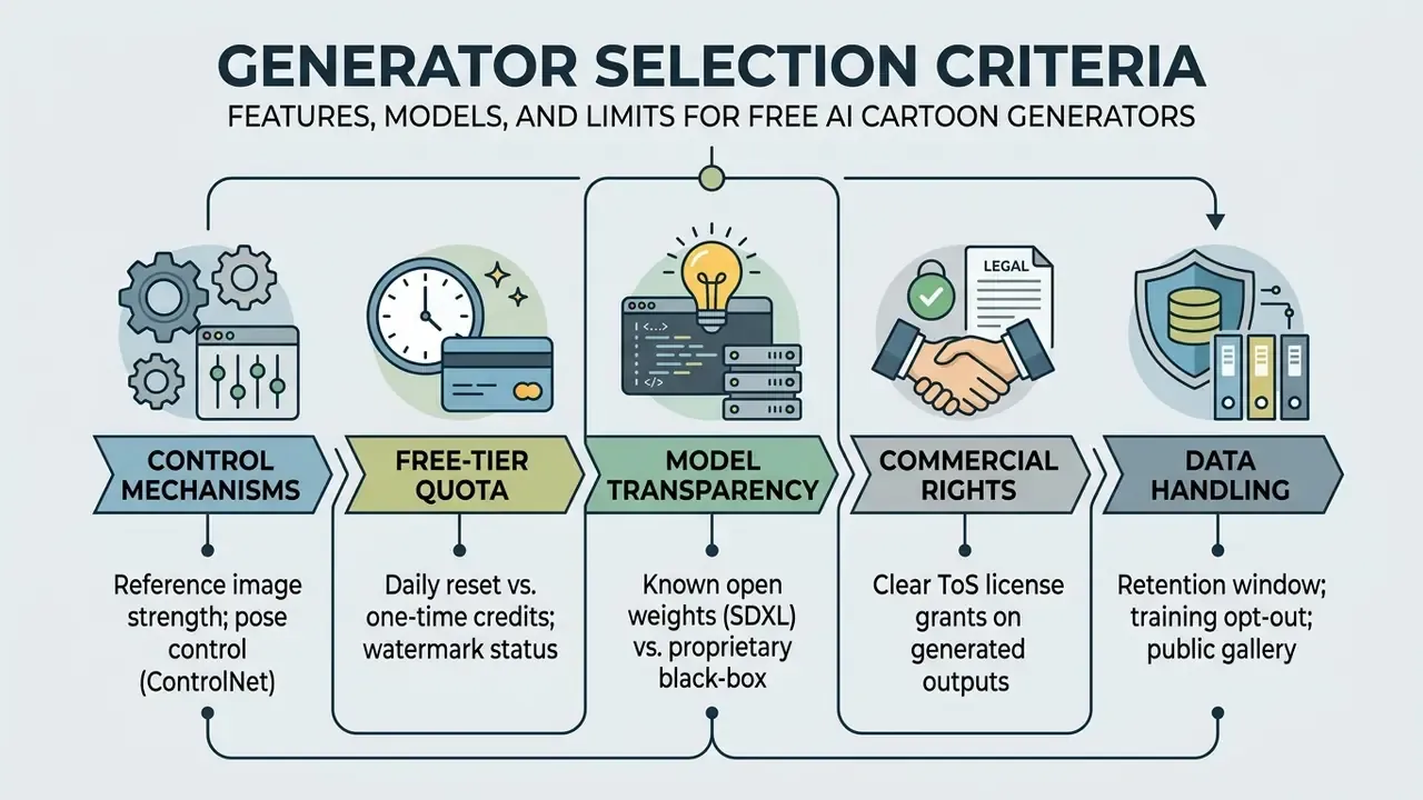 Five-step diagram outlining selection criteria for evaluating cartoon generation tools and their features