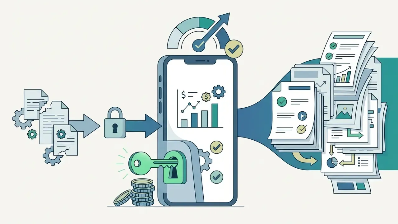 Smartphone unlocking document processing with a key to enable full access to reports and financial charts