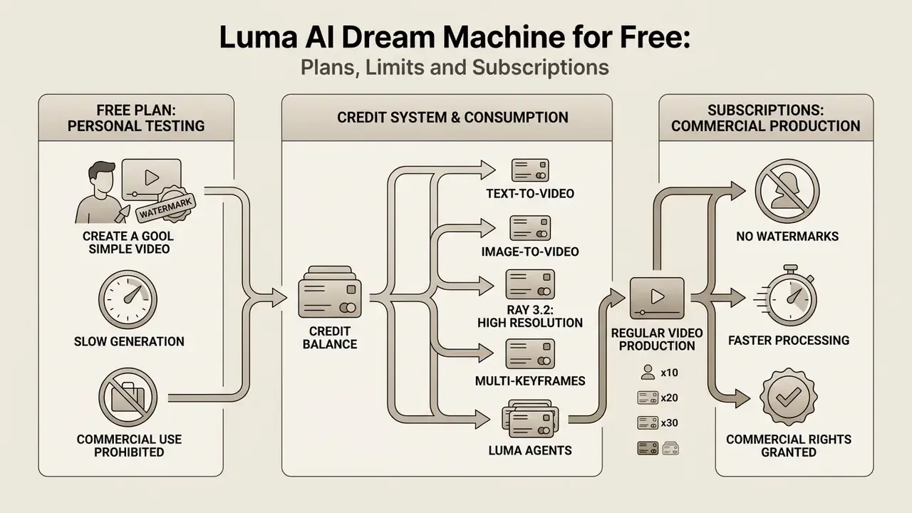 Comparison infographic showing Luma AI credit consumption for free testing versus paid commercial plans