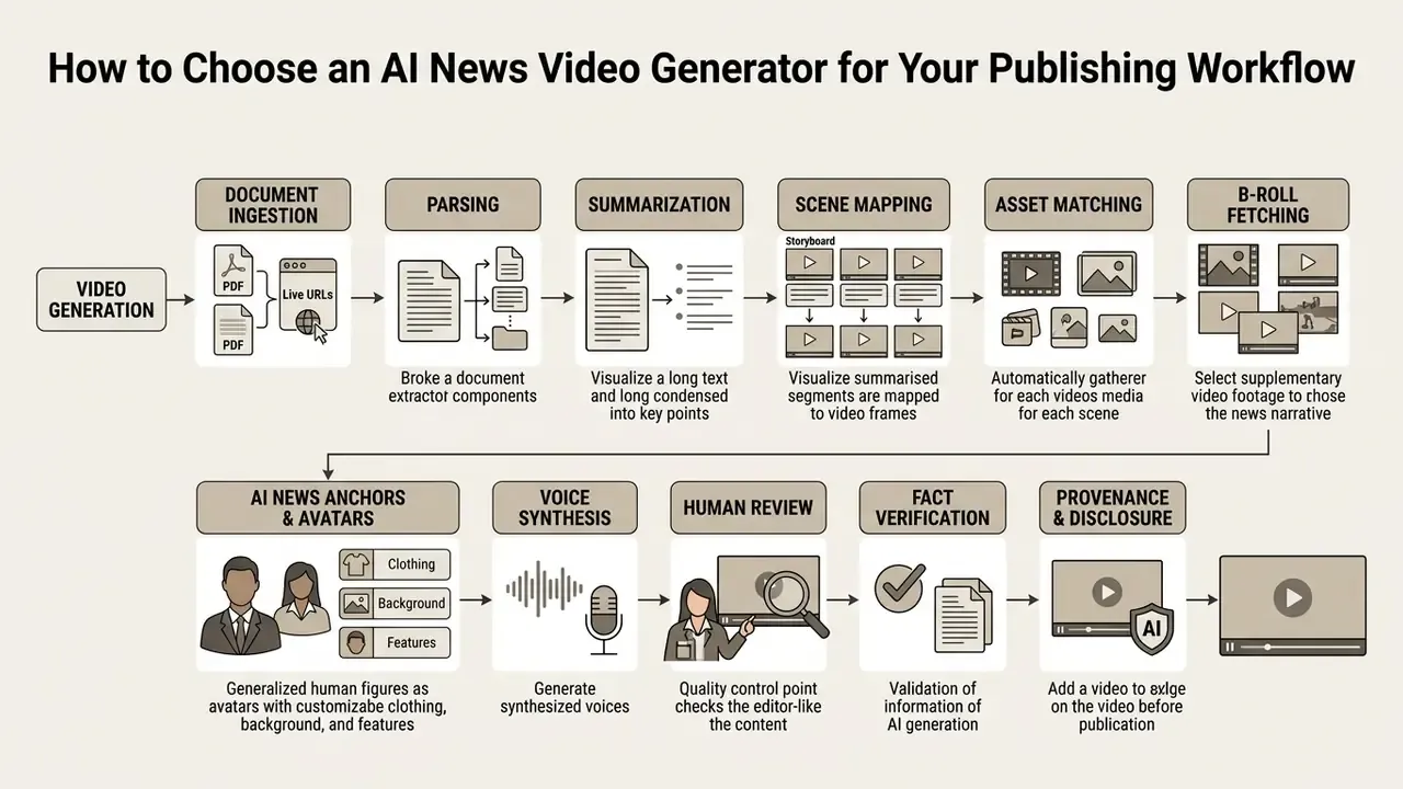 Process map illustrating the stages of text to video AI news production from document input to final output
