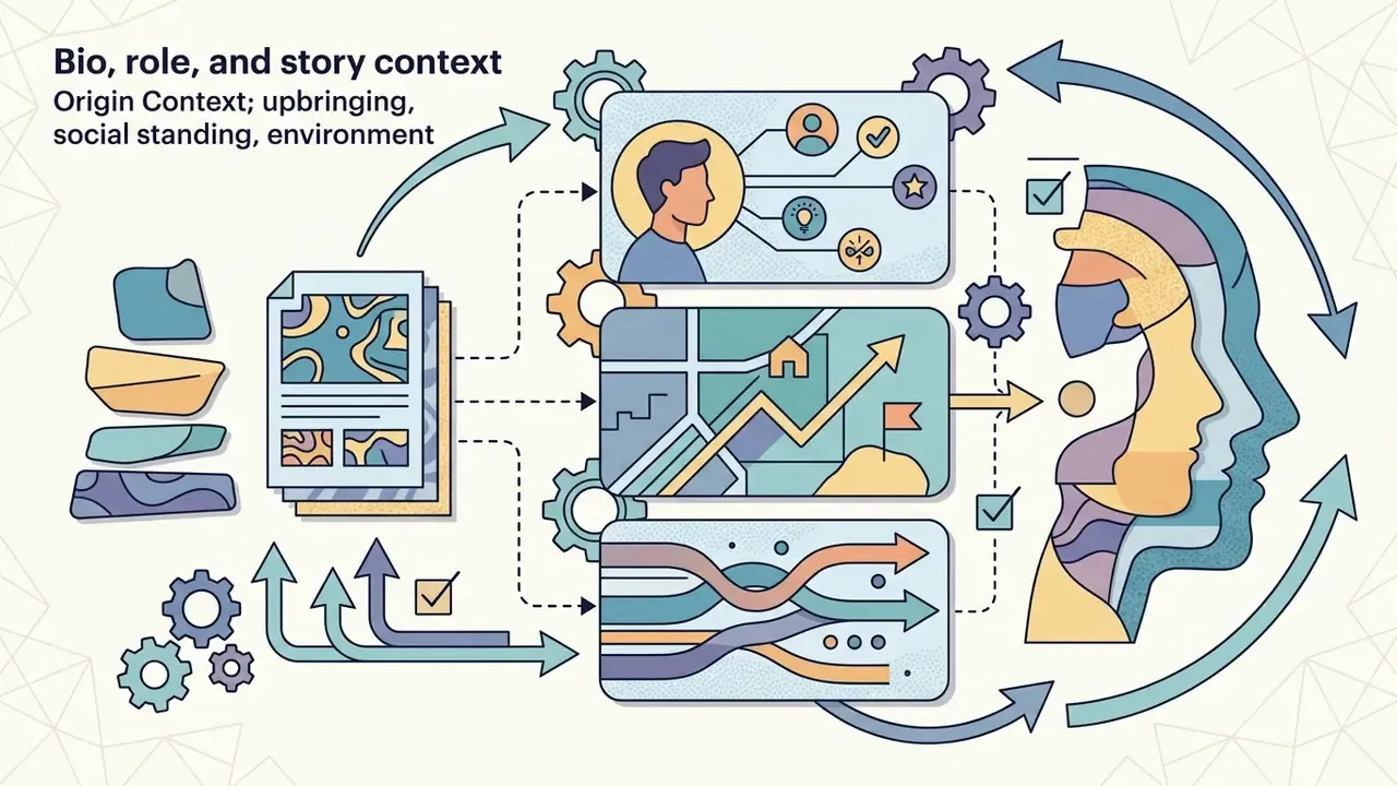 Diagram showing data inputs feeding into character profile boxes and merging into a layered human silhouette