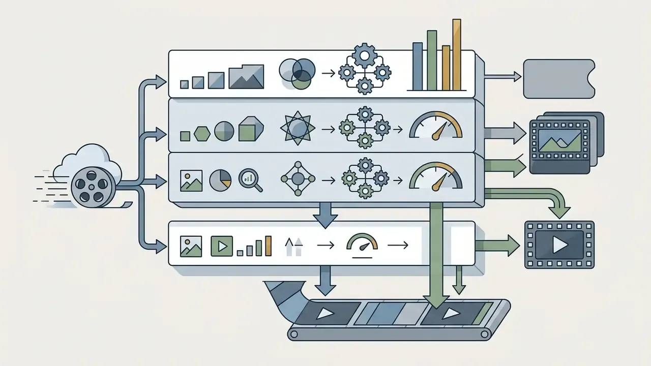 Cloud data feeding into tiered processing layers with gears and gauges to output video and credit costs