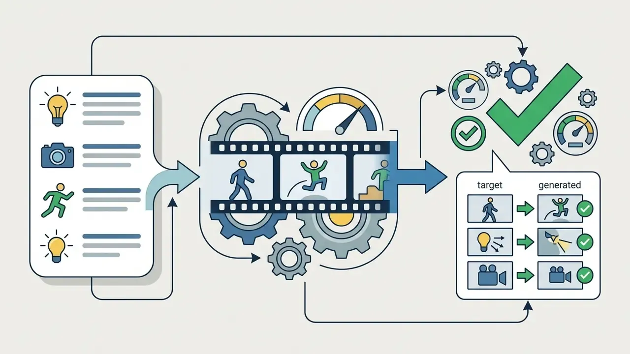 System of gears and film strips converting input prompts into validated video outputs with checkmarks