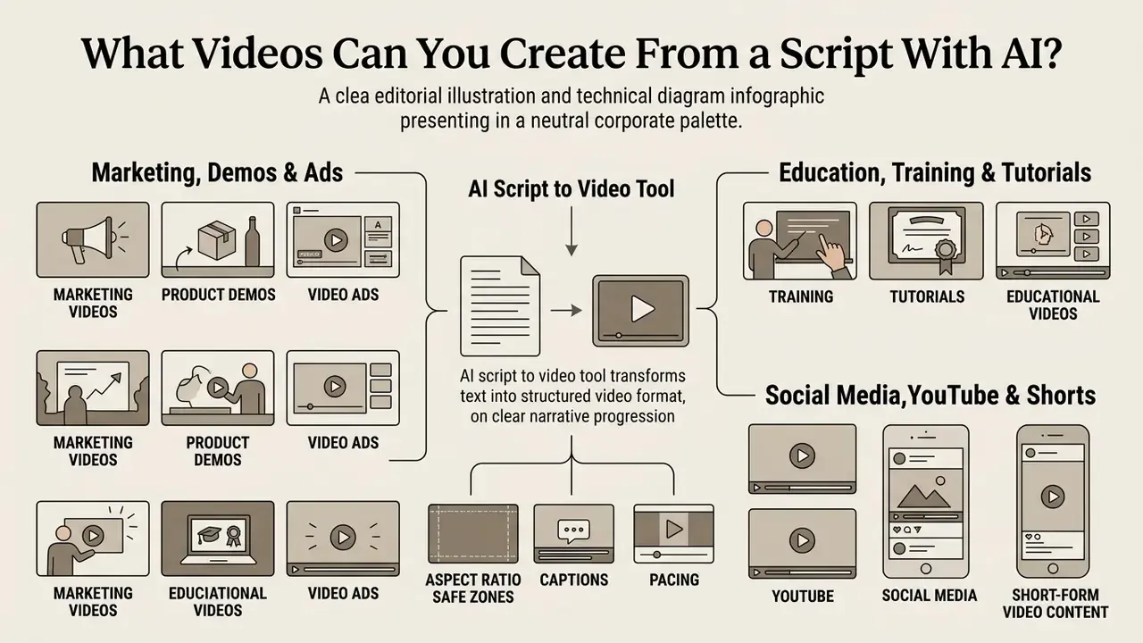 Infographic showing how an AI script to video tool generates marketing, educational, and social content