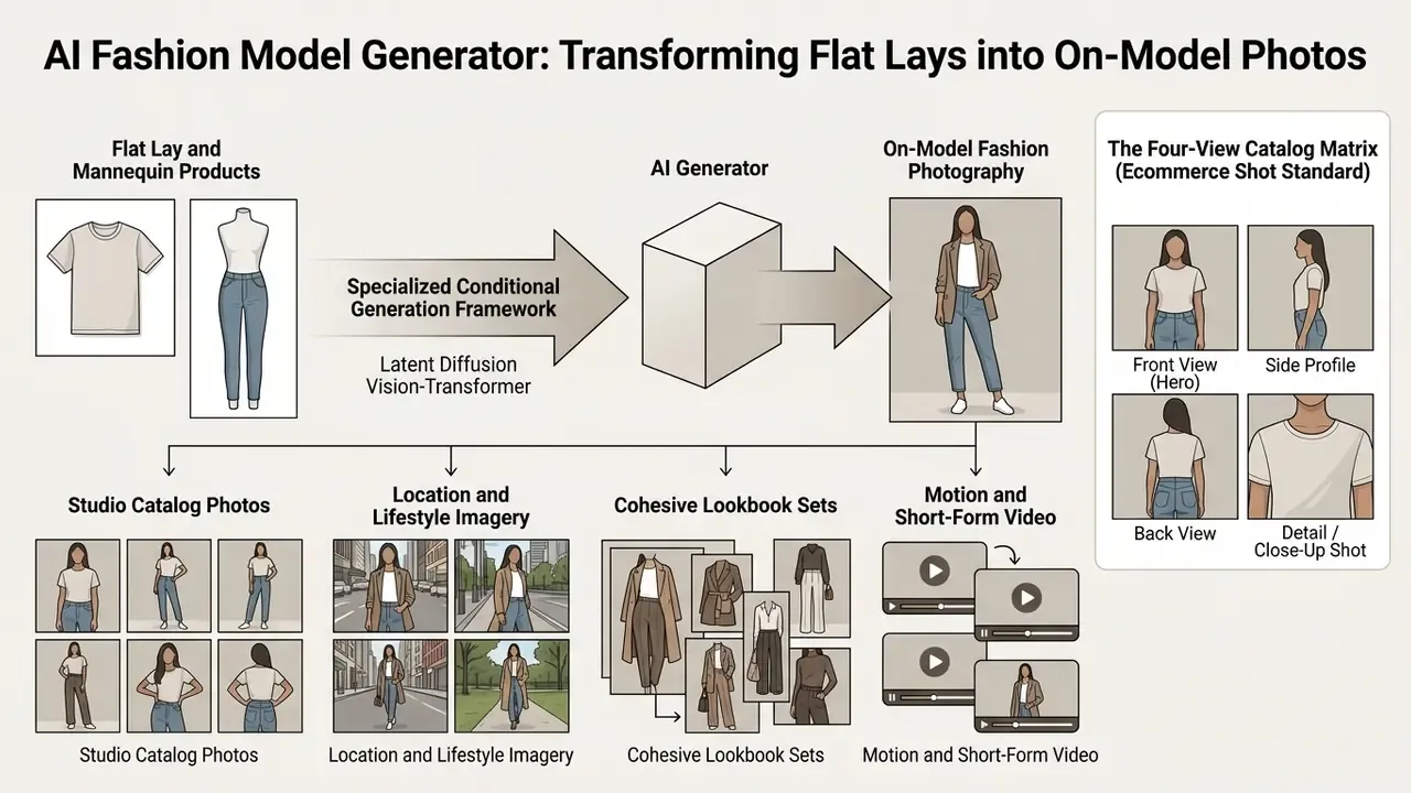 Diagram showing an AI fashion model generator transforming flat lay clothing into diverse on-model photos