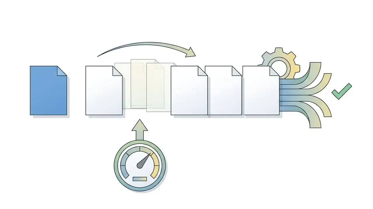 Sequence of document icons flowing through a speed gauge and gear mechanism to a checkmark
