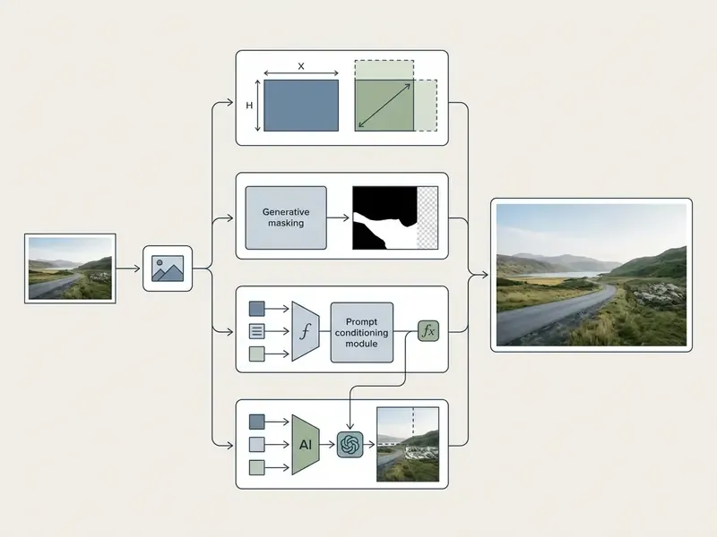 Flowchart showing the AI outpainting process from image upload to canvas expansion and pixel synthesis