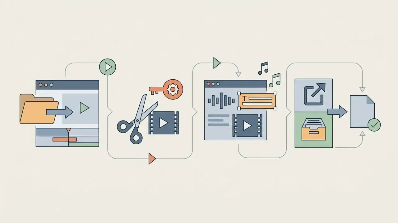 Linear process icons showing media import, video trimming, adding audio and text, and final file export