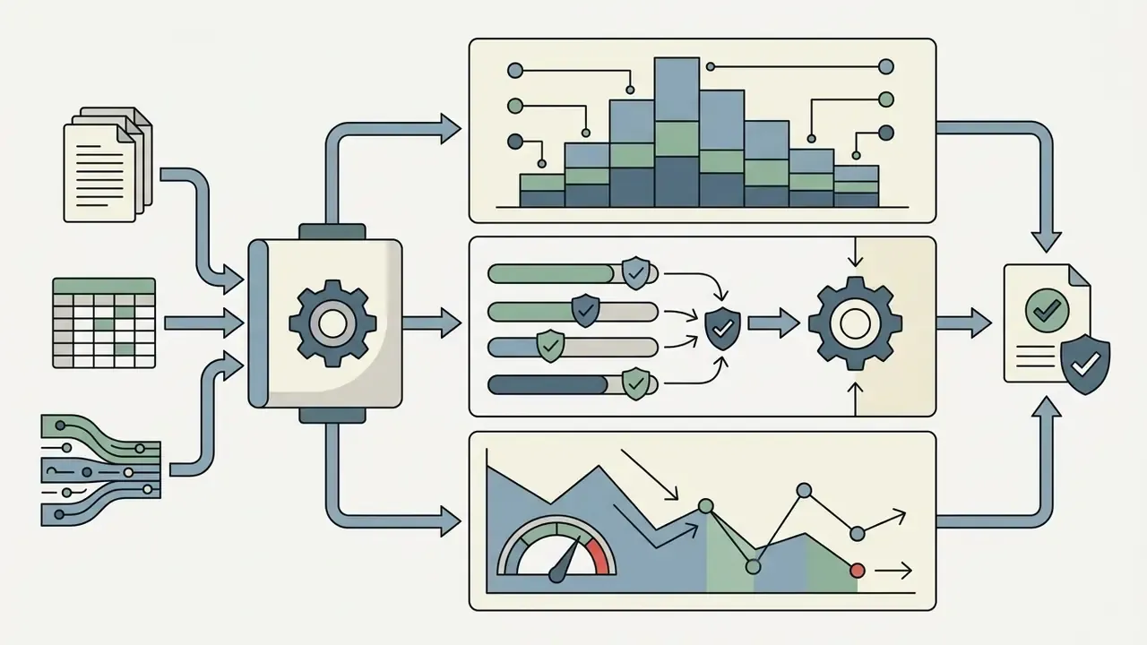 Raw data inputs feeding a central processor that generates charts and analytics for final reporting
