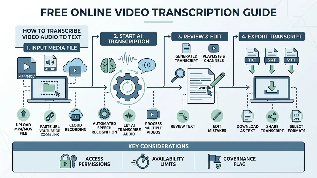 Four step process for using a free online video transcription service to convert media files into text