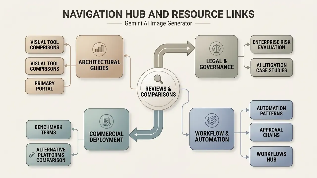 Flowchart showing categories for architectural guides, legal governance, commercial deployment, and workflows