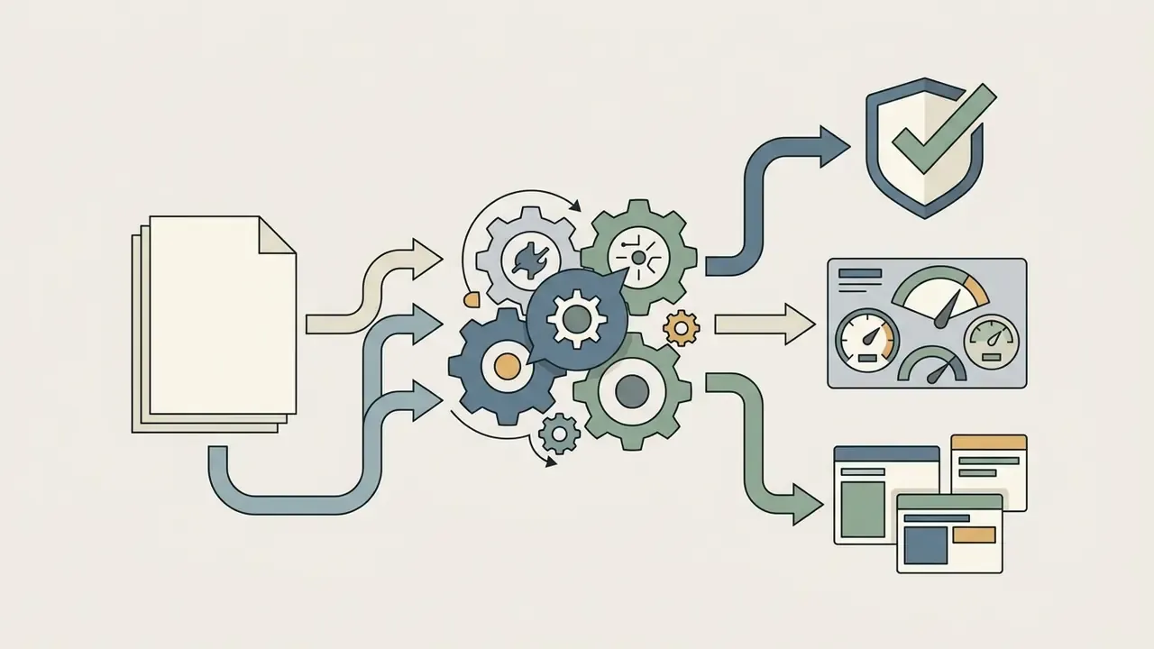 Paper sheets feeding into a gear system linked to a shield icon, speedometers, and browser windows