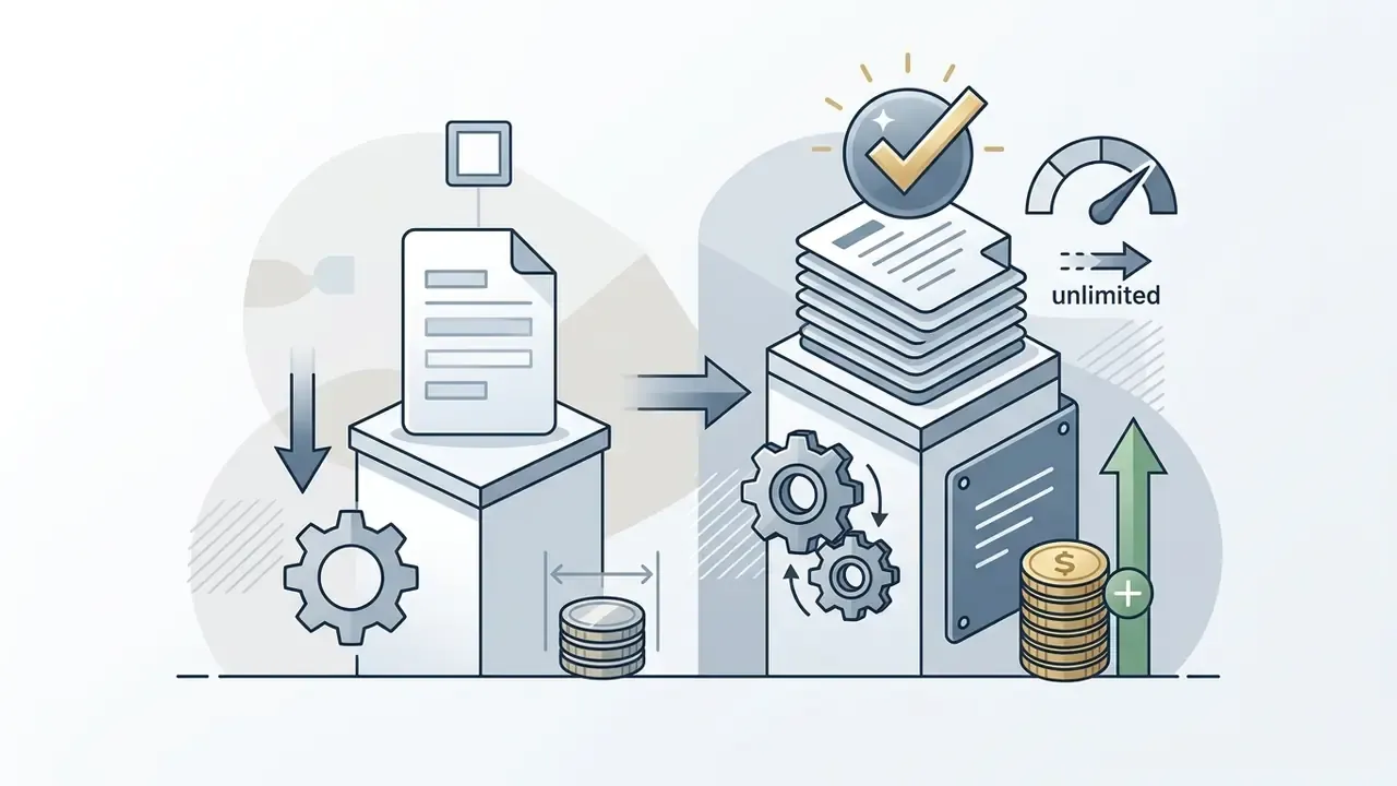 Documents moving through a processing system with gears, a speed gauge, and a stack of coins