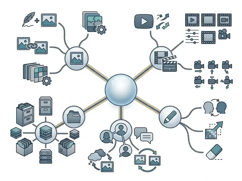 Mind map showing SeaArt AI capabilities for image generation, video creation, model storage, and community
