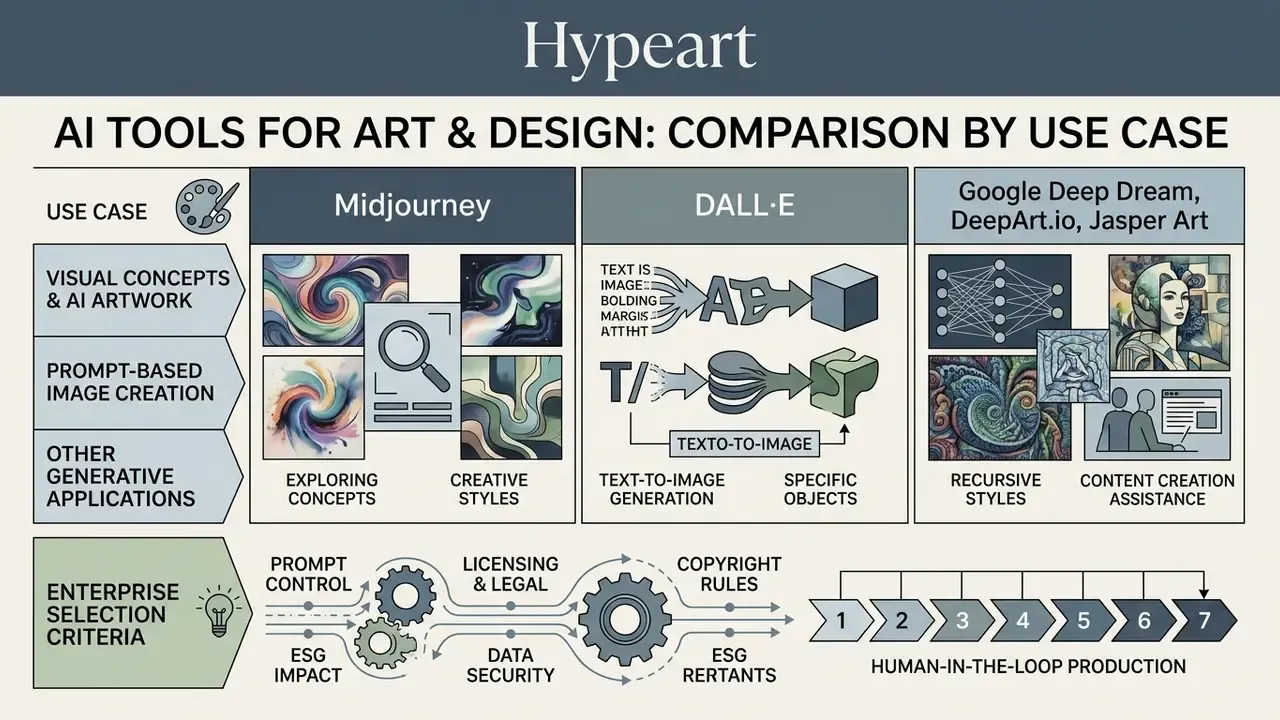 Comparison table of AI tools for art and design categorized by specific use cases and production criteria