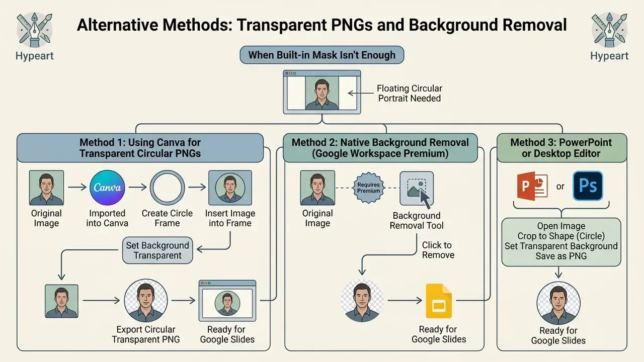 Flowchart comparing three methods for creating transparent circular images for Google Slides