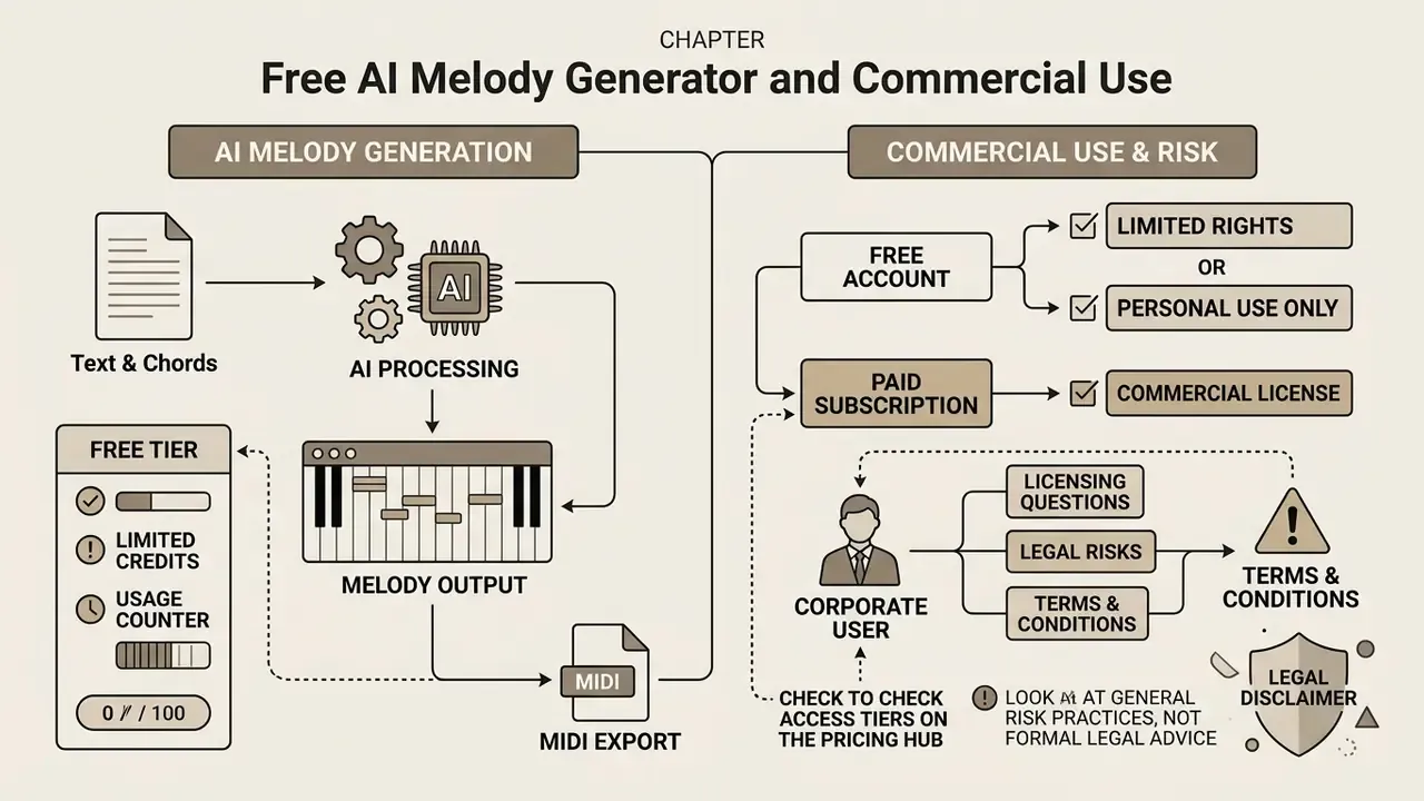 Diagram mapping the relationship between music creation workflows and commercial licensing risks
