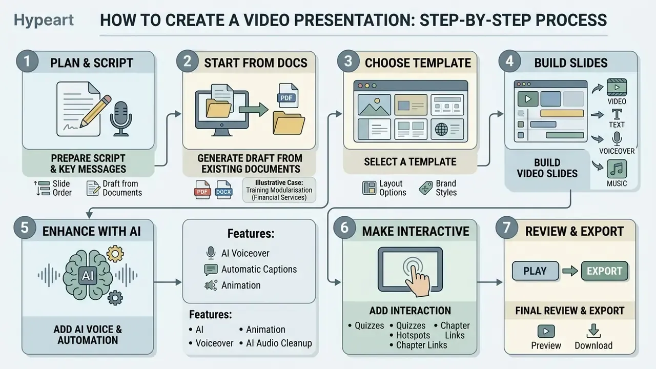 Numbered seven step workflow diagram showing stages from planning and scripting to final export