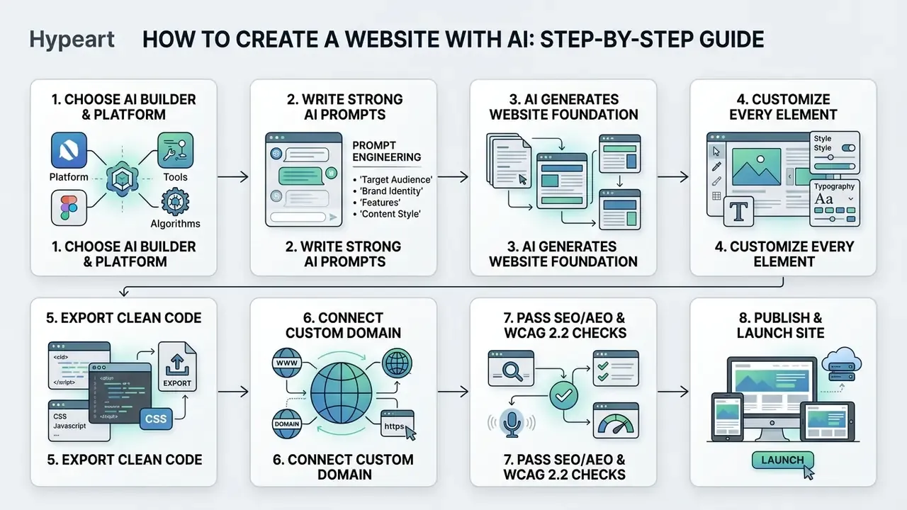 Sequential process diagram outlining eight steps to build and launch a website using AI tools