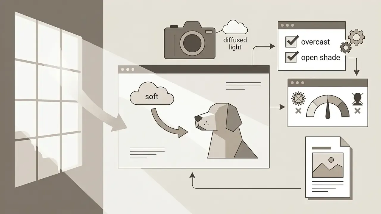 Window light illuminating a dog portrait with icons for camera settings and lighting quality checks