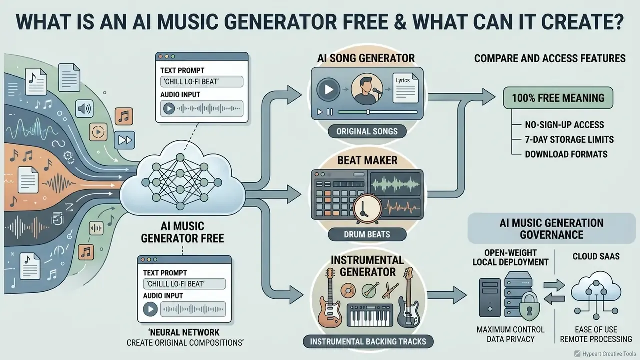 Flowchart showing how an AI music generator free processes text and audio inputs into songs and beats