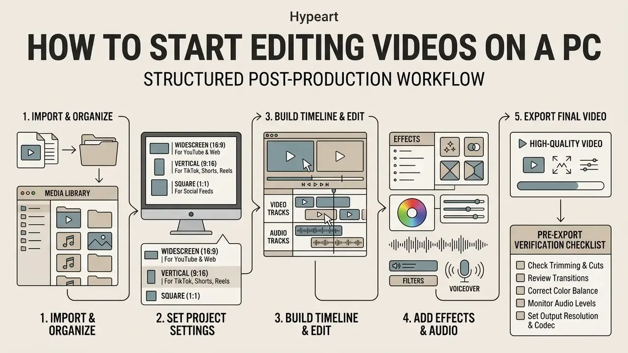 Step-by-step workflow for video editing on a PC including media organization, project settings, and export