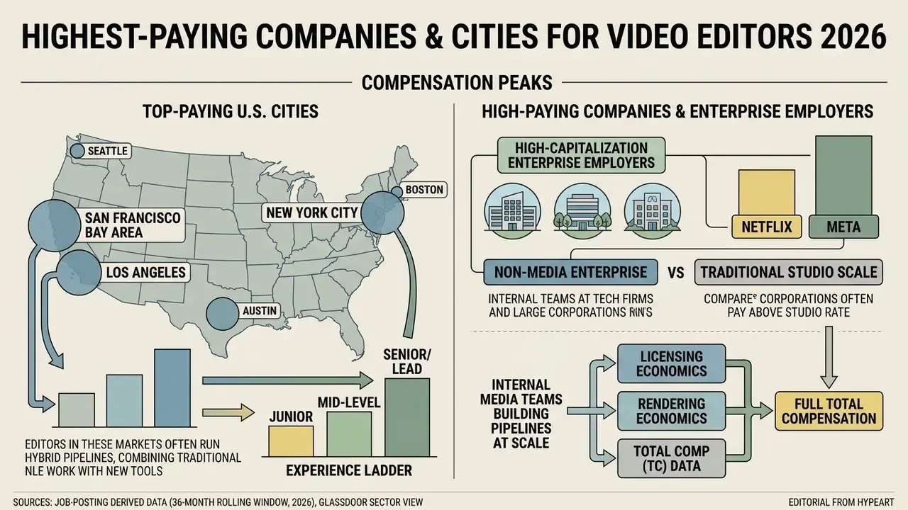 Map of top U.S. cities and a flow chart comparing enterprise versus studio compensation for video editors
