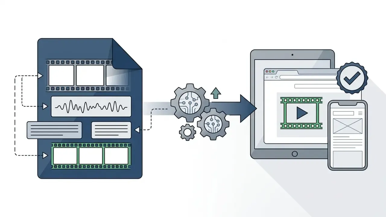 MKV file components processed through mechanical gears into a browser and mobile device for playback