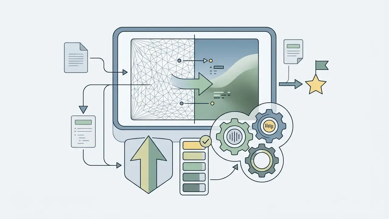 Computer screen showing a wireframe to image transition with data inputs and gear processing icons