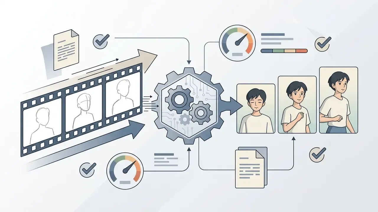 Film strip frames being processed by gears into stylized character illustrations with performance gauges