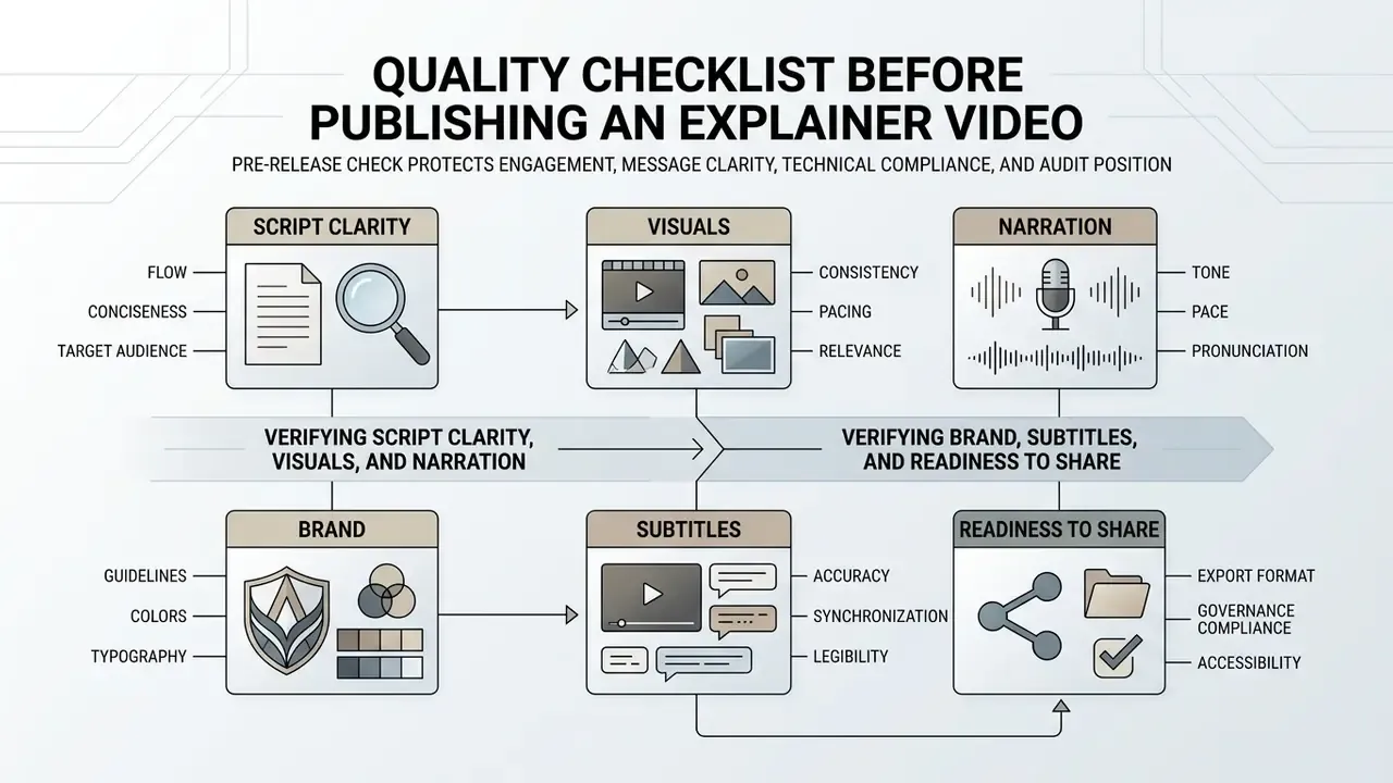 Infographic showing six key verification criteria for video production including script and brand checks