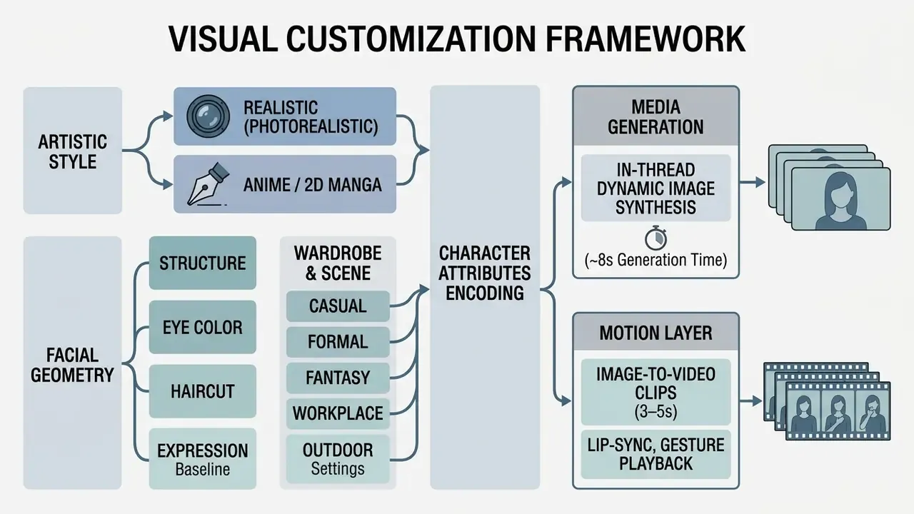 Systematic diagram detailing the visual customization options for creating an AI girlfriend persona