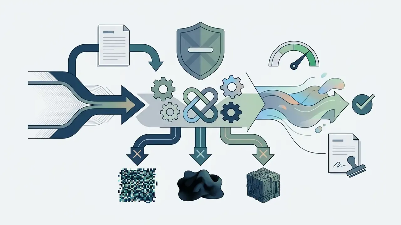 Gears and a shield icon filtering data inputs to remove noise and unwanted 3D elements from animation