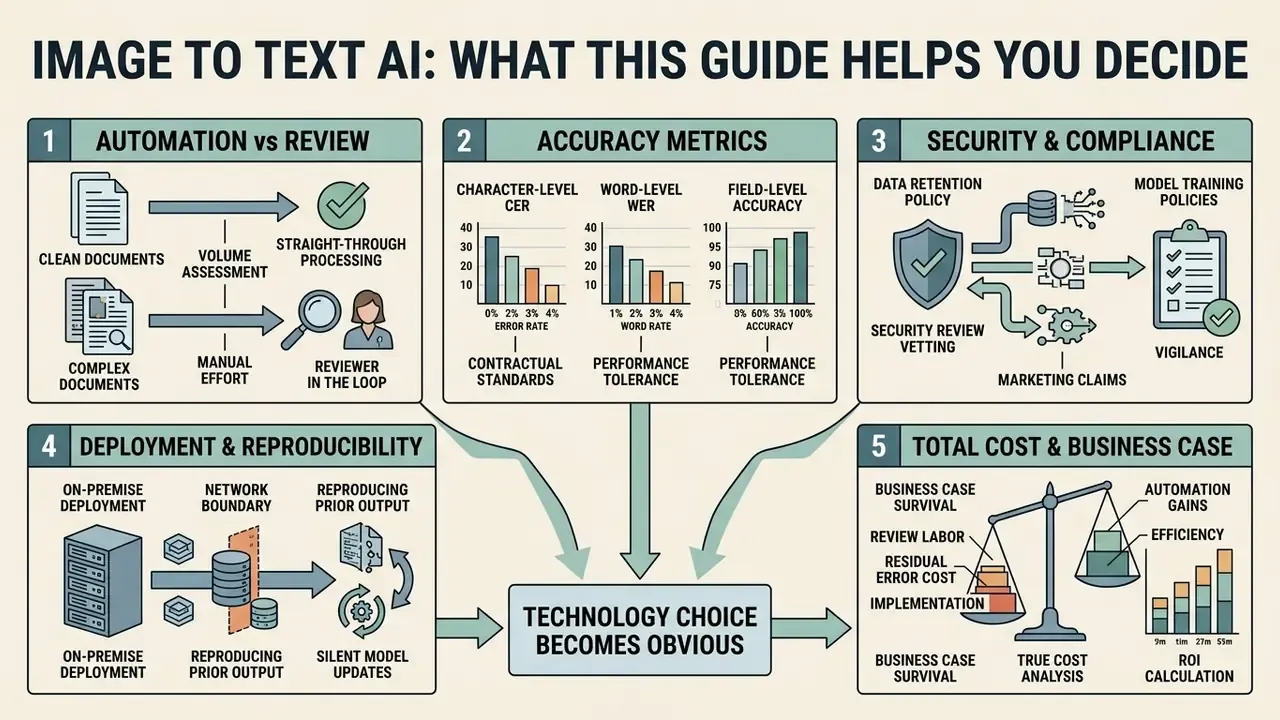Infographic outlining five key decision factors for evaluating image to text AI technology