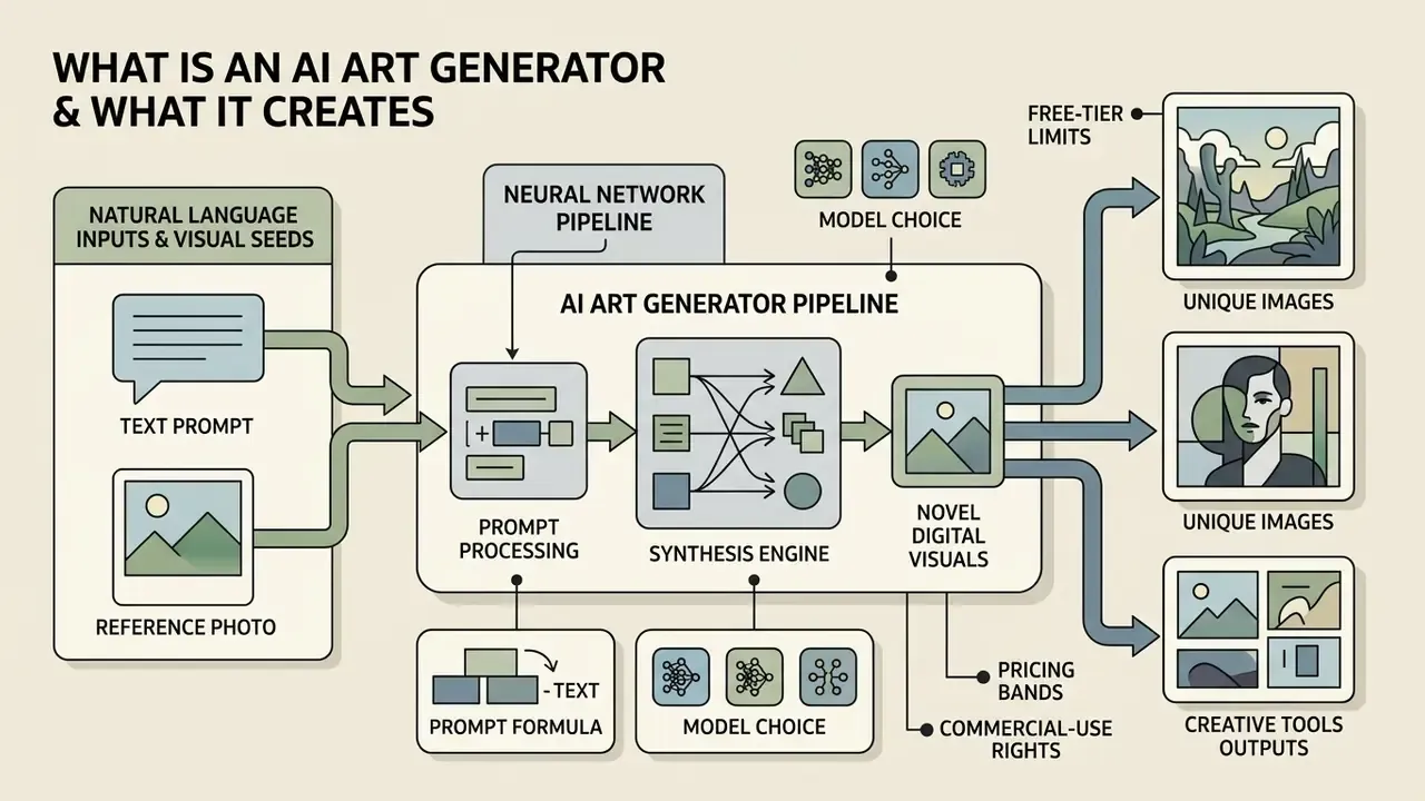 Flowchart showing how an AI art generator processes text prompts and reference photos into digital visuals