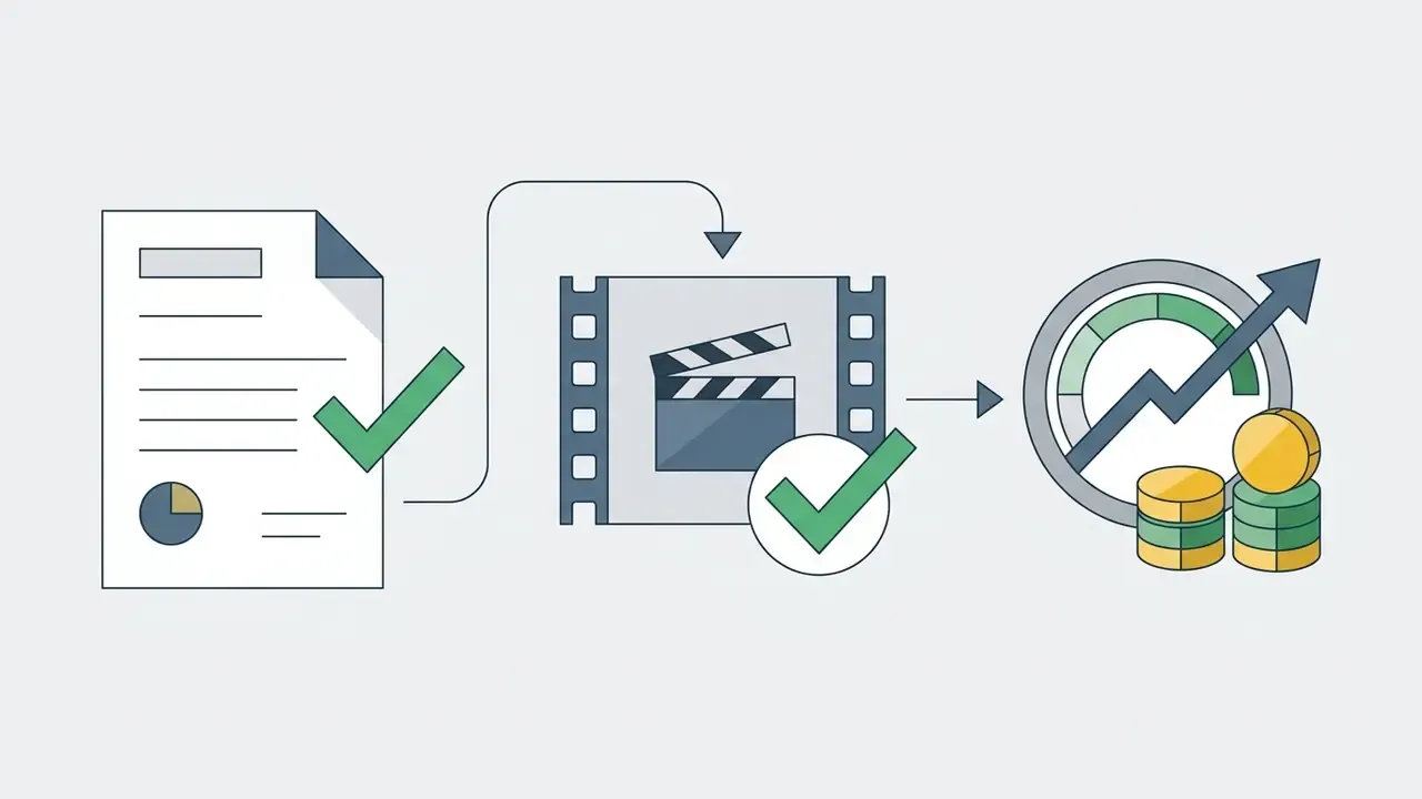 Sequence showing a verified document leading to approved video content and increased financial revenue