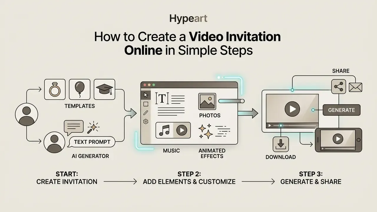 Three step workflow for using a video invitation maker from initial creation to final shareable output
