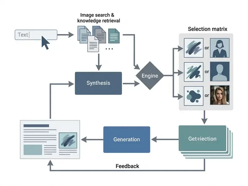 Six-step process diagram illustrating how Perplexity AI converts user text queries into visual outputs
