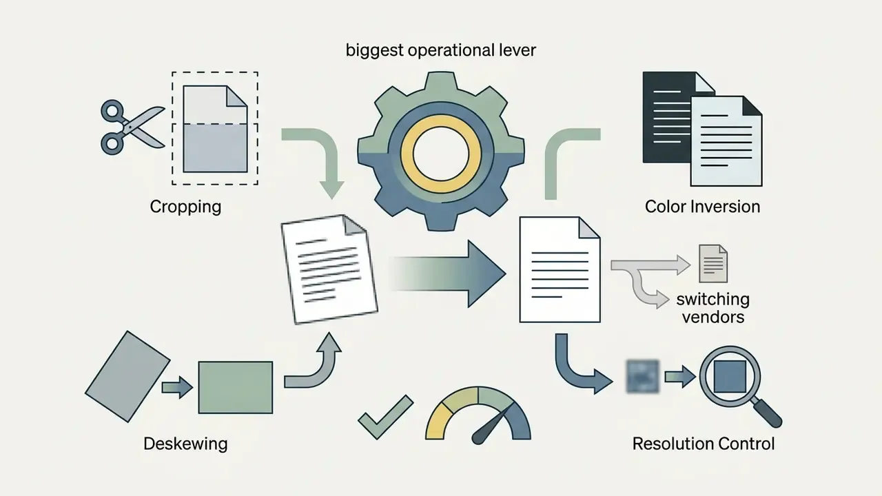 Gear icon connecting document preprocessing steps like cropping and deskewing to improve output quality