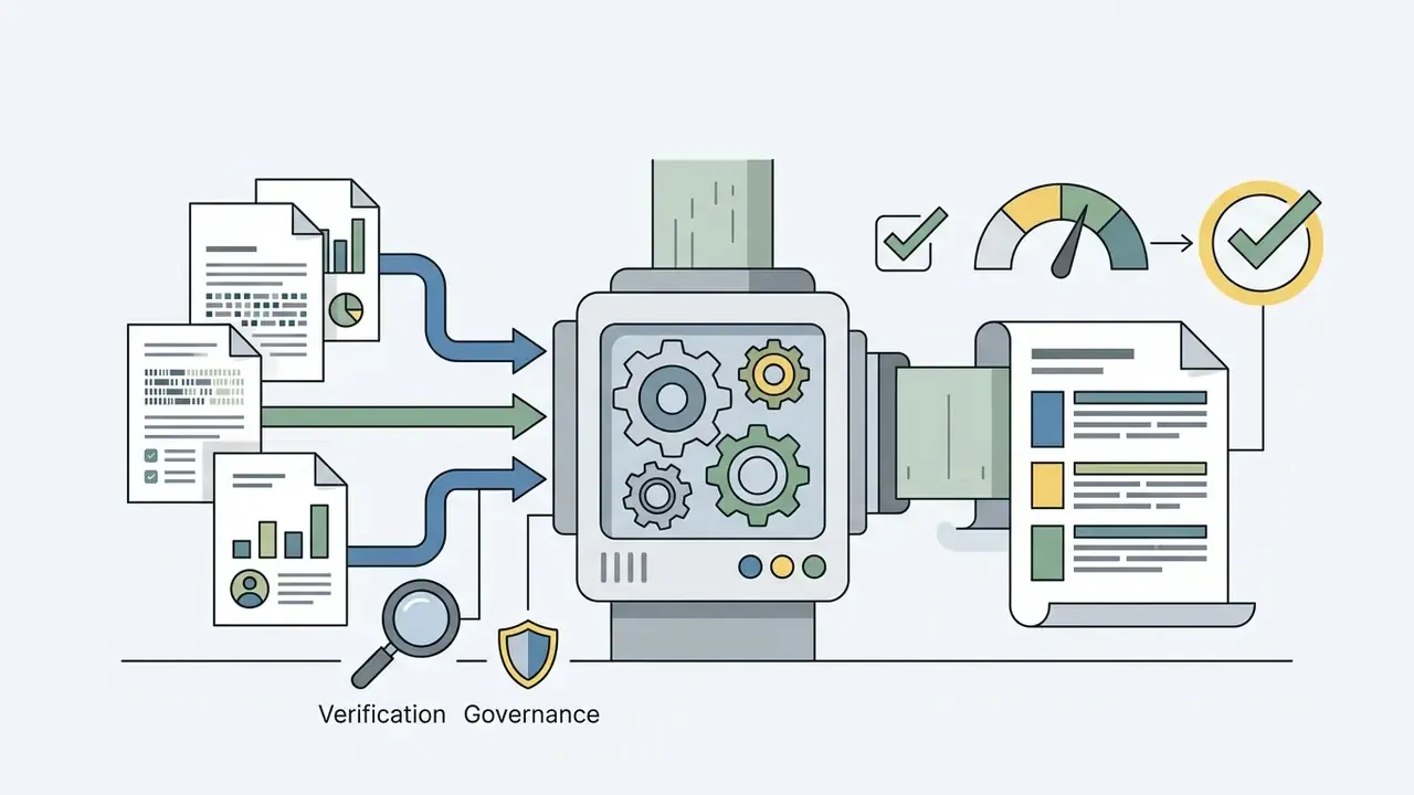 Documents feeding into a central gear mechanism to produce a structured report with verification icons