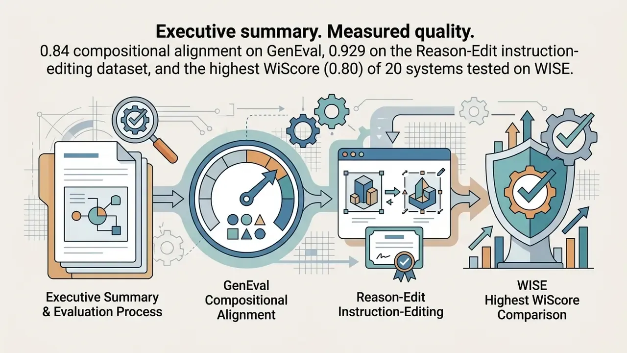 Flowchart showing document analysis, a performance gauge, editing tools, and a shield icon for evaluation